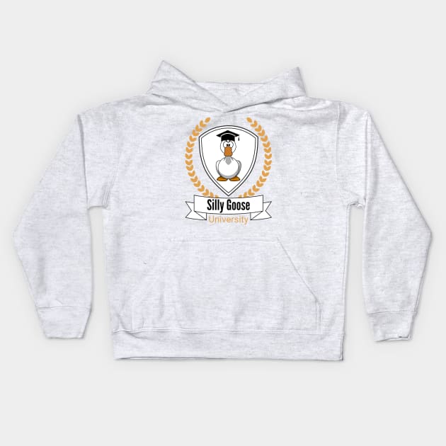 Silly Goose University - Angry Cartoon Goose Design With Golden Details Kids Hoodie by Double E Design